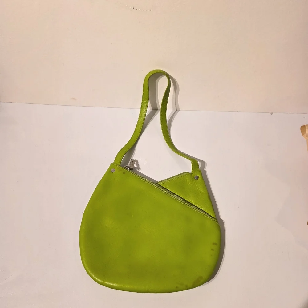 HOBO International Lime Green Leather Shoulder Bag Top Zip Vintage